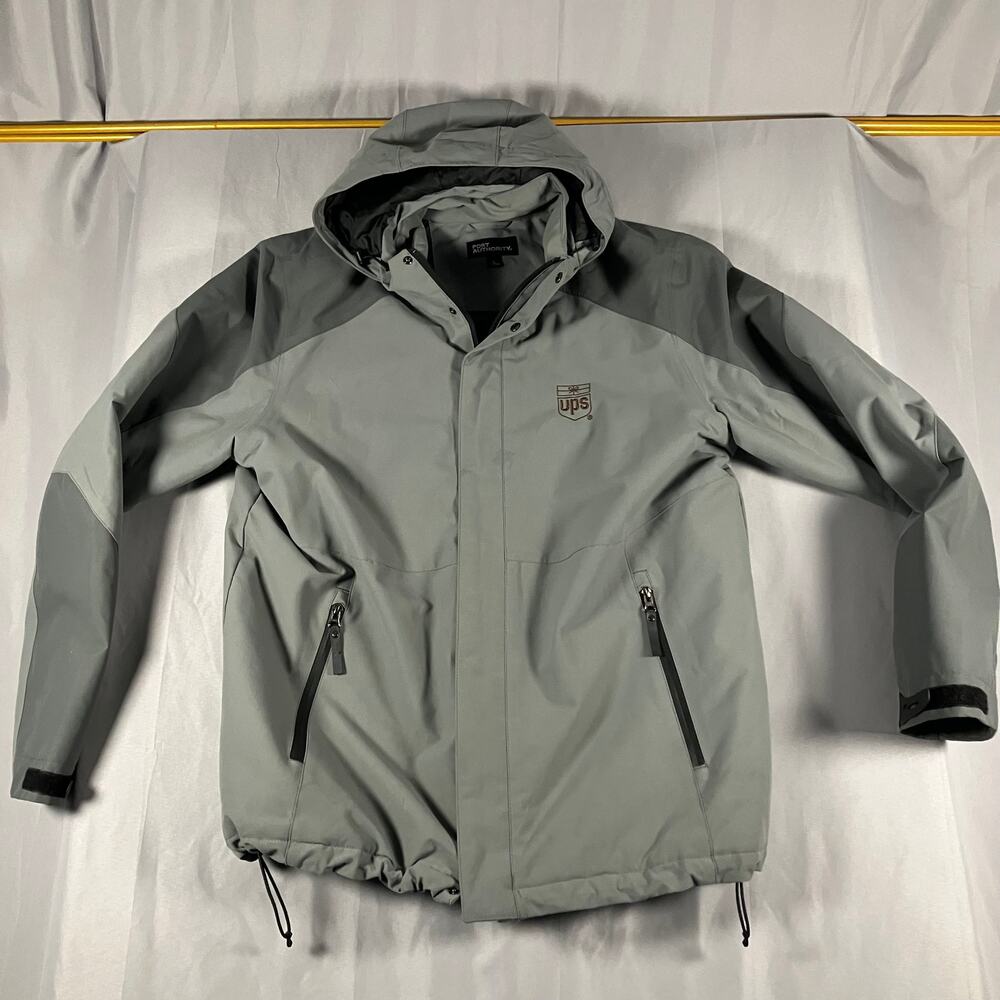Port Authority UPS Jacket Mens Large Gray Hooded Puffer Full Zip Workwear Winter